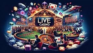 Pilihan permainan Live Dealer dengan antarmuka table Blackjack, Roulette, dan Baccarat